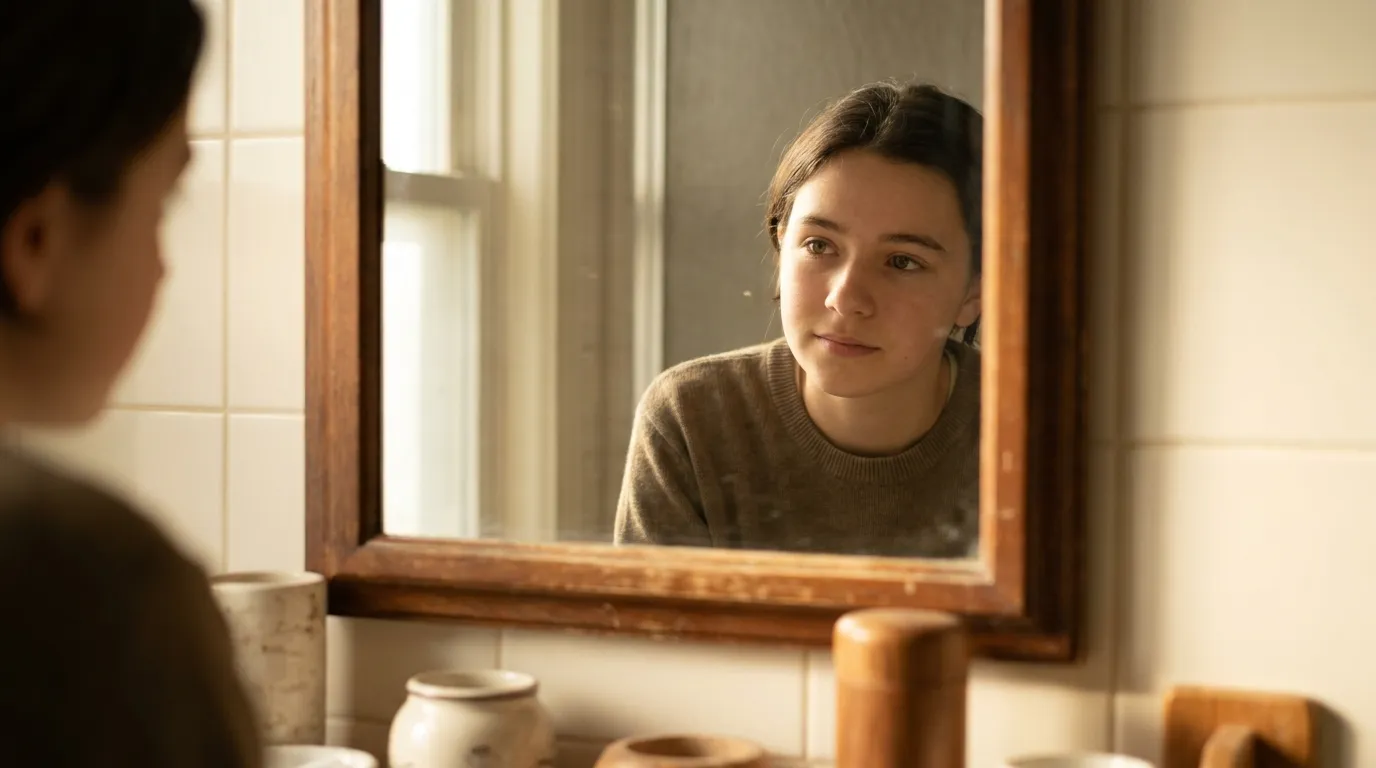 Young person looking thoughtfully into a bathroom mirror framed in wood with warm lighting.