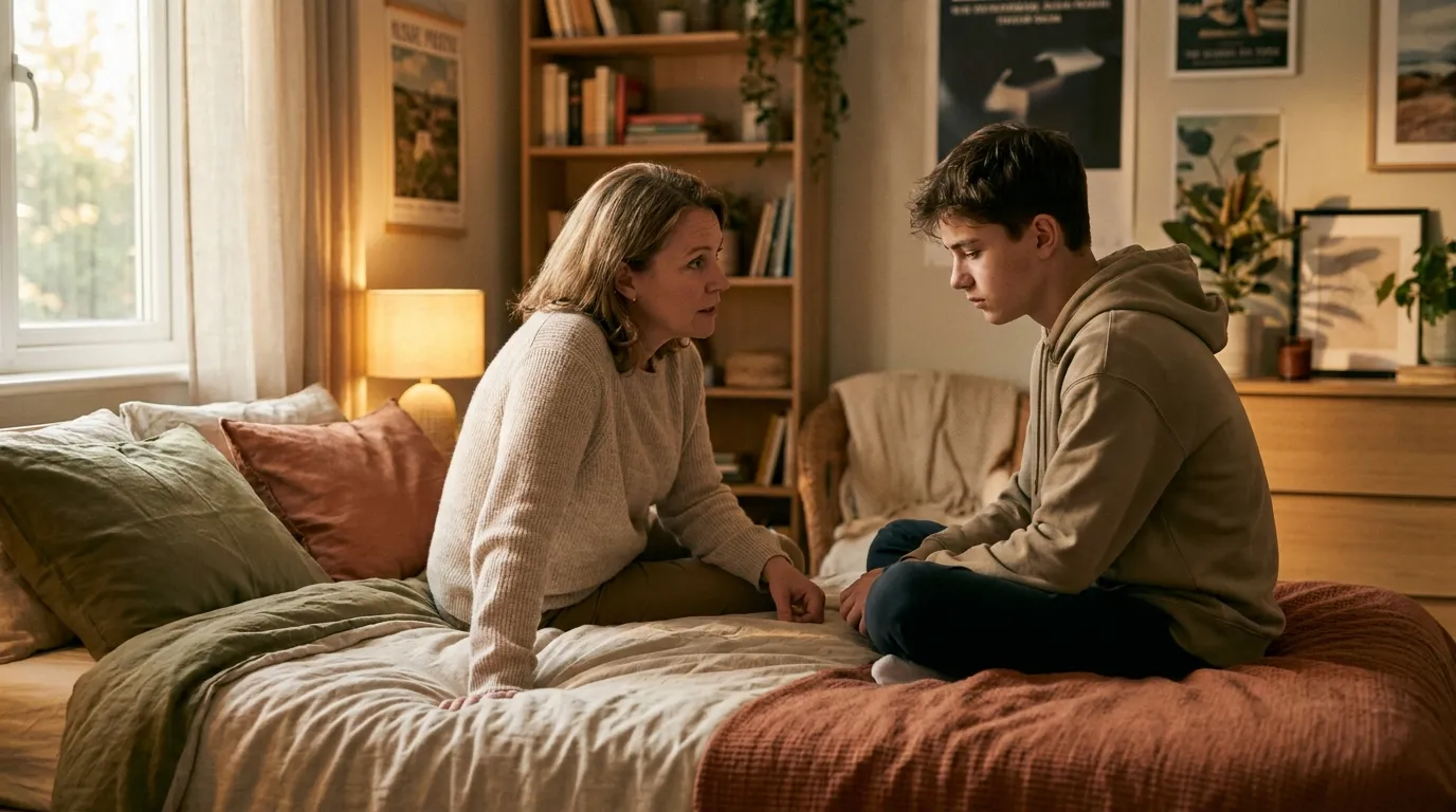 Mother and teenage son sitting on bed facing each other, engaged in a serious conversation.