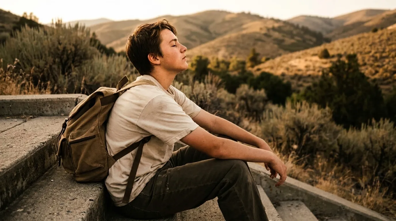 Teen boy with backpack sitting on concrete steps in nature, eyes closed, peaceful expression.