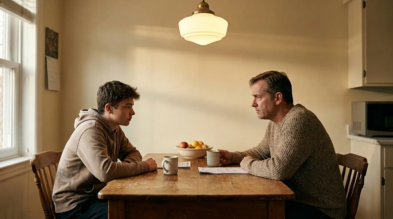 Teen boy and man sitting at a wooden table facing each other in a kitchen with cups and fruit bowl.