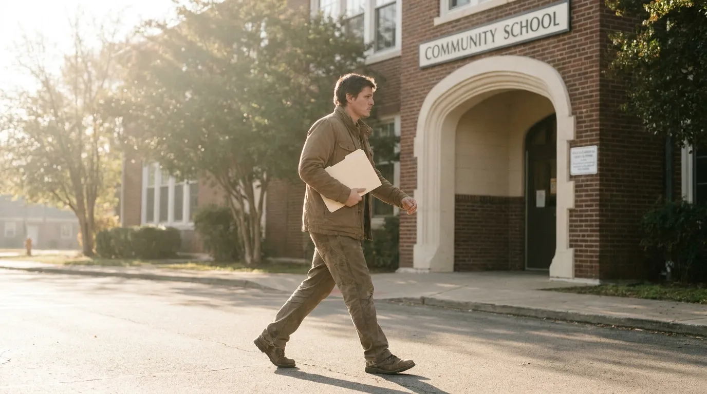 Man carrying folders walking on street outside a brick building labeled Community School at sunrise.