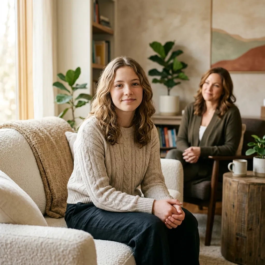 Teen girl sitting on a couch with woman in background in a cozy living room with plants.