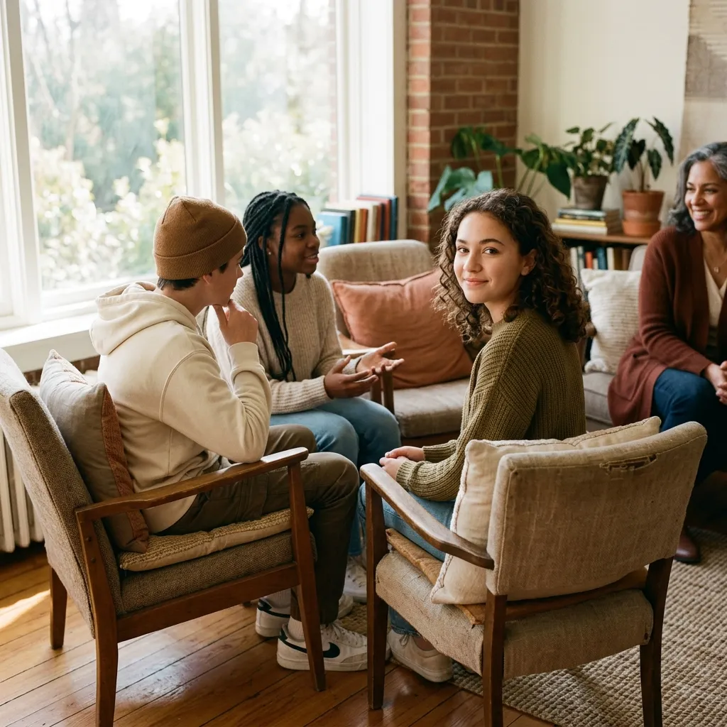 Four diverse people engaged in a friendly group therapy session in a cozy living room.