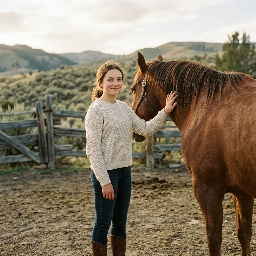 Young woman in sweater petting a brown horse outdoors near a wooden fence with hills in background.