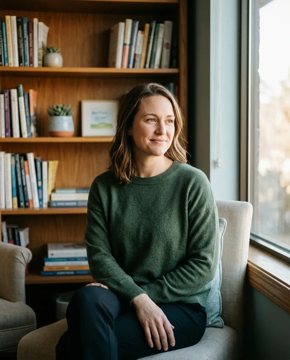 Woman in green sweater sitting in a chair by a window with a bookshelf behind her.