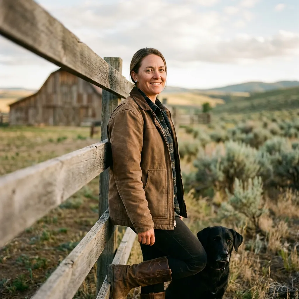 Smiling woman in brown jacket leaning on wooden fence with black dog in rural landscape.