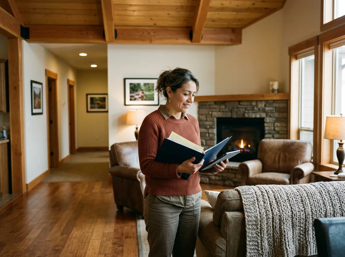 Woman in cozy living room holding a folder and tablet, standing near couch and fireplace.