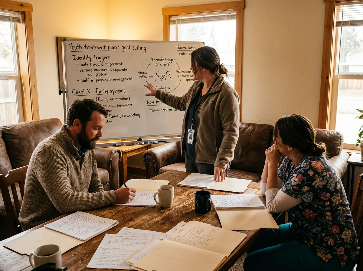 Therapist standing by a whiteboard explaining youth treatment goals to two seated colleagues.