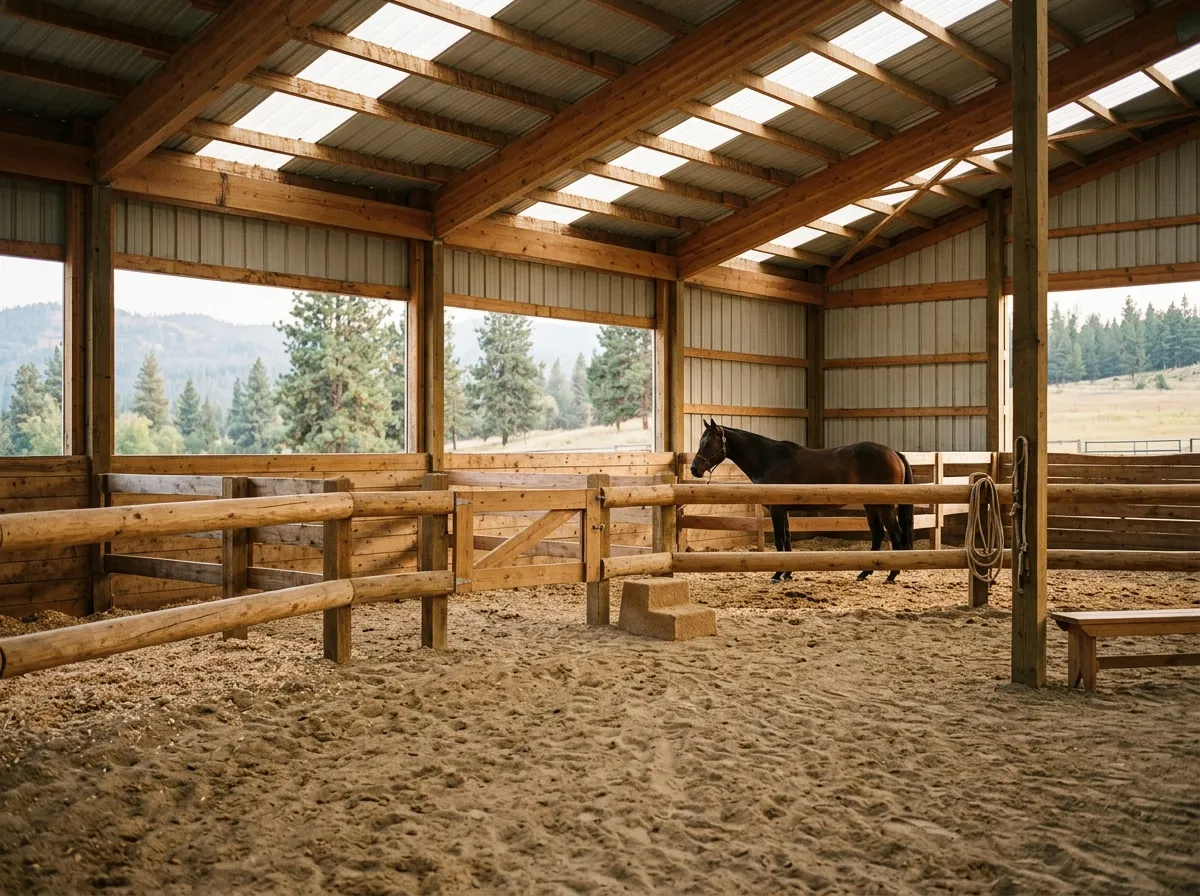 Brown horse standing inside a wooden fenced indoor riding arena with windows showing pine trees outside.