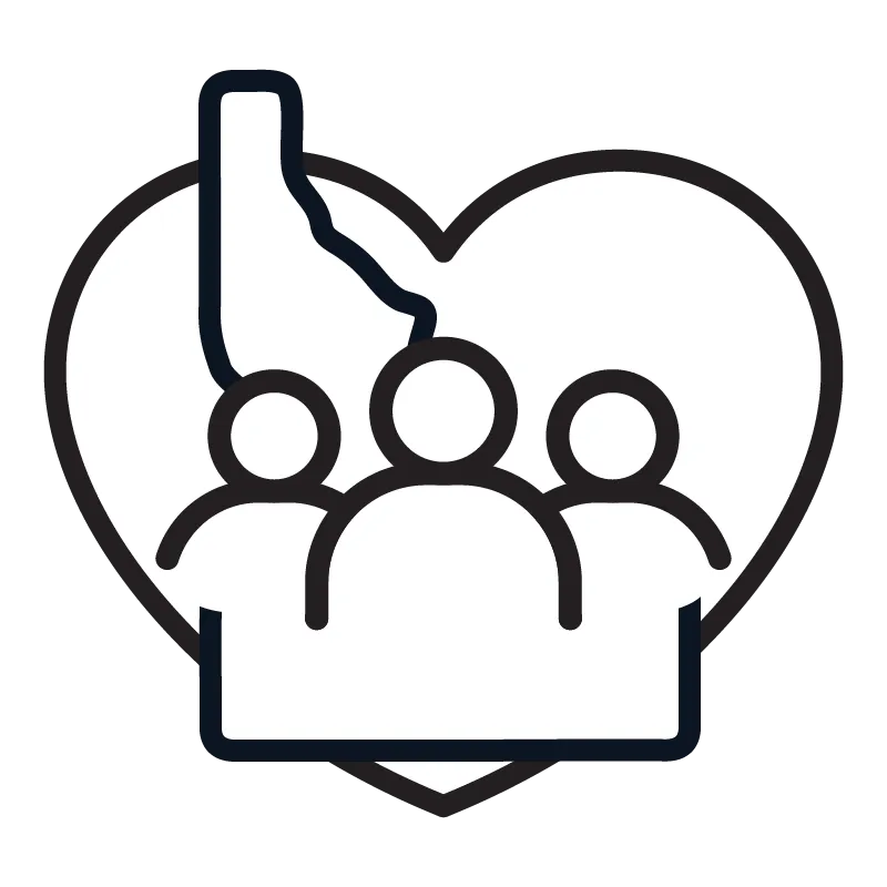 Outline of Idaho state inside a heart behind three person icons representing community or support.