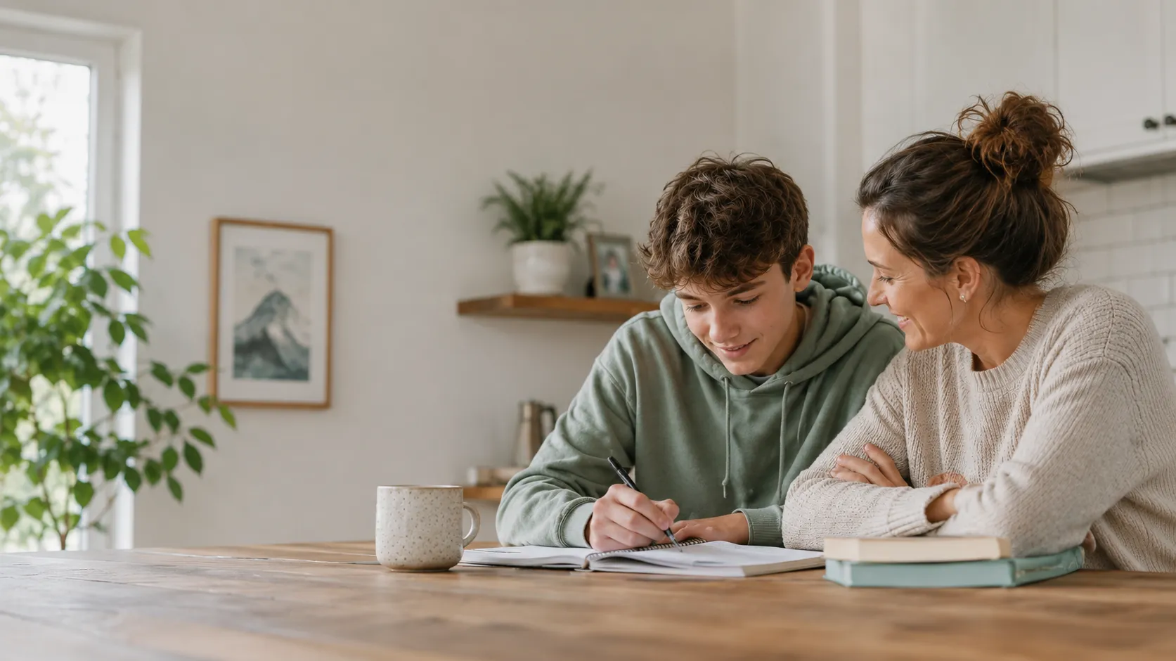 Woman helping teenage boy with homework while sitting at wooden table with books and a mug.