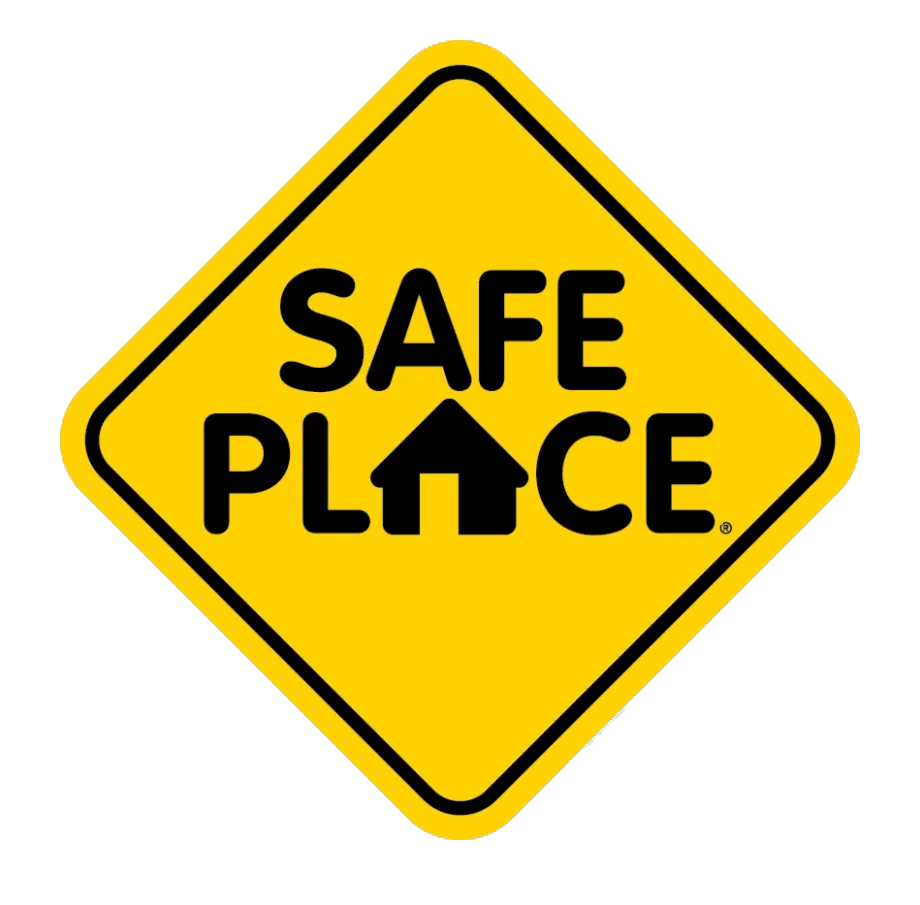 Yellow diamond sign with the words SAFE PLACE and a house icon in the word PLACE.