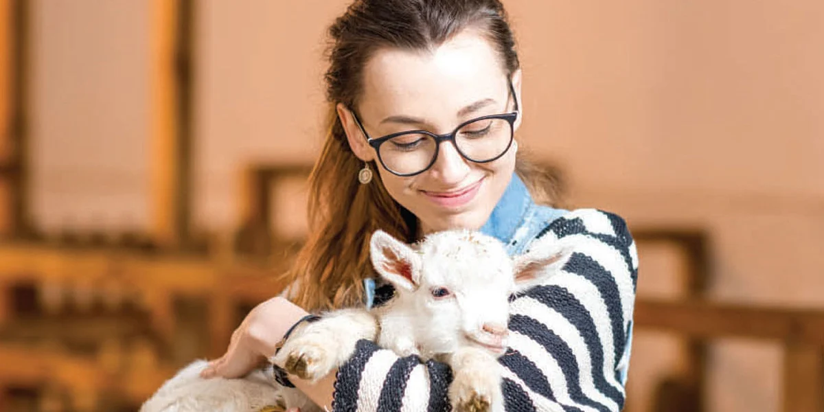 A smiling young woman gently holding a lamb during therapeutic animal care