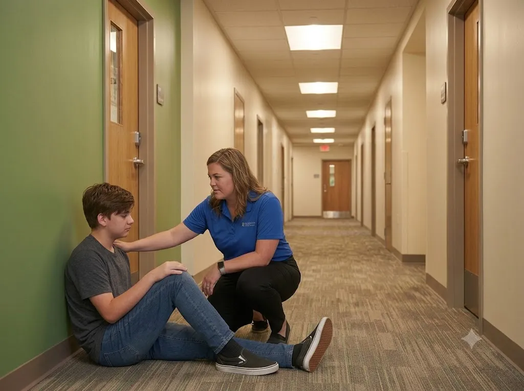 Woman in blue shirt comforting a seated teenage boy in a hallway with closed doors.