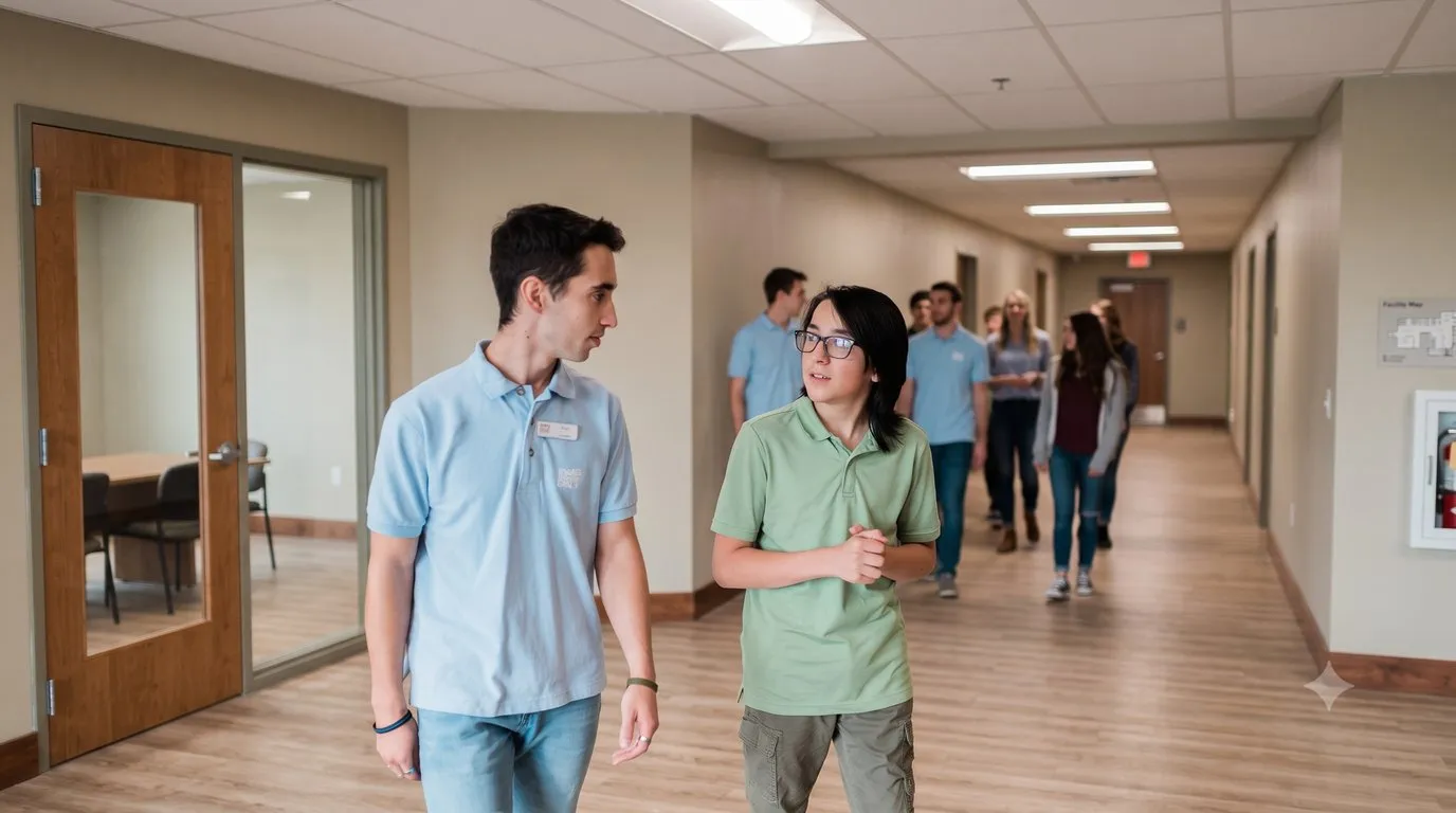 A staff member walks alongside a teen in a bright hallway at the Residential Center, engaged in supportive conversation