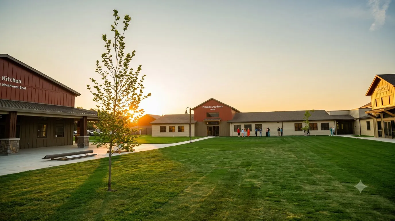 Elevated view of the Hands of Promise Campus with lodge-style buildings, green lawns, and Promise Academy at golden hour