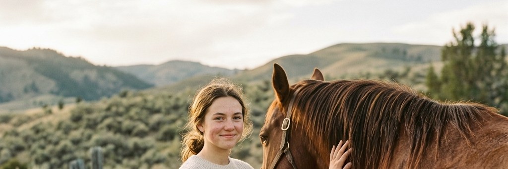 A teen gently pets a horse at a fence with Idaho foothills behind them