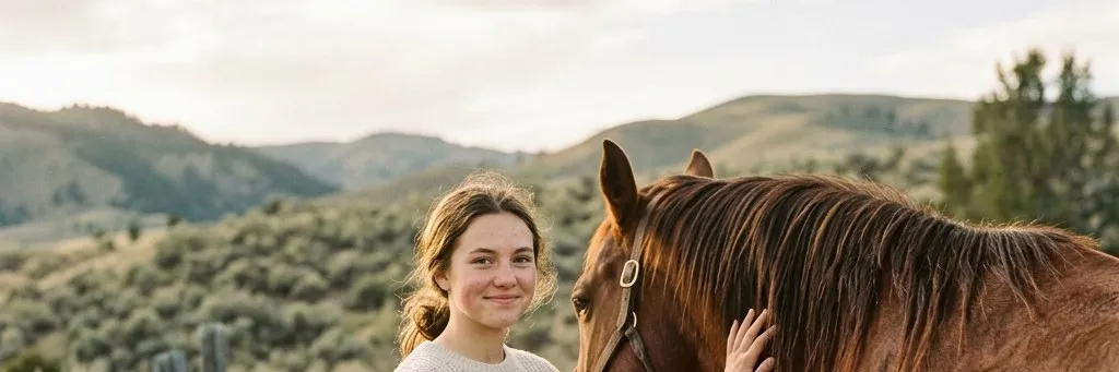 A teen gently pets a horse at a fence with Idaho foothills behind them