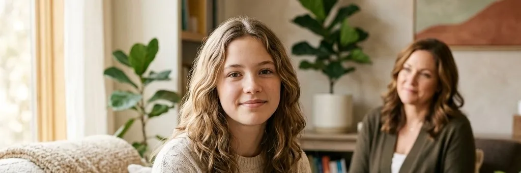 A teen sits comfortably in a one-on-one therapy session with a clinician nearby