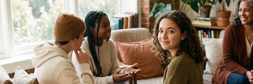 Teens talk together in a facilitated group therapy session in a bright room