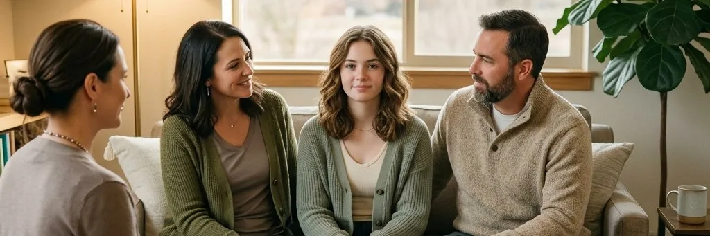 A family sits together on a couch during a family therapy session