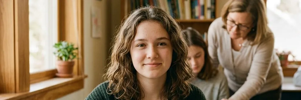 A student works at a desk with books while a teacher helps another student nearby