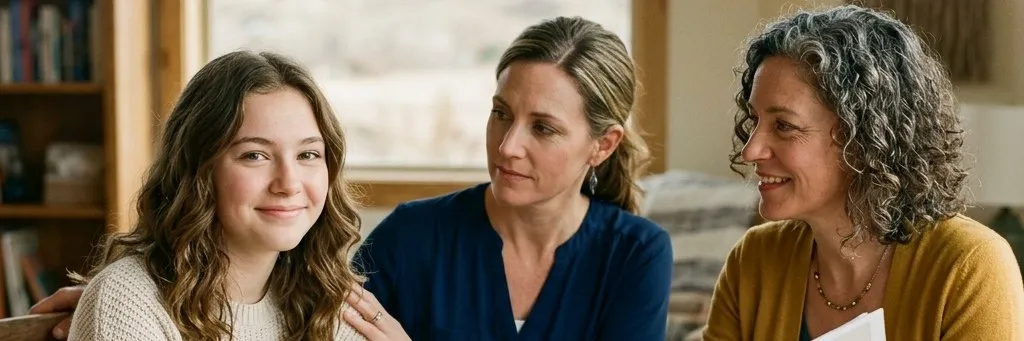A teen and parent review an aftercare plan together with a staff member