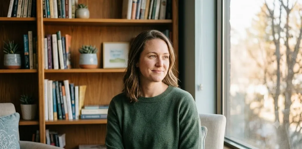 Woman in green sweater sitting near a window with bookshelves and plants in the background.