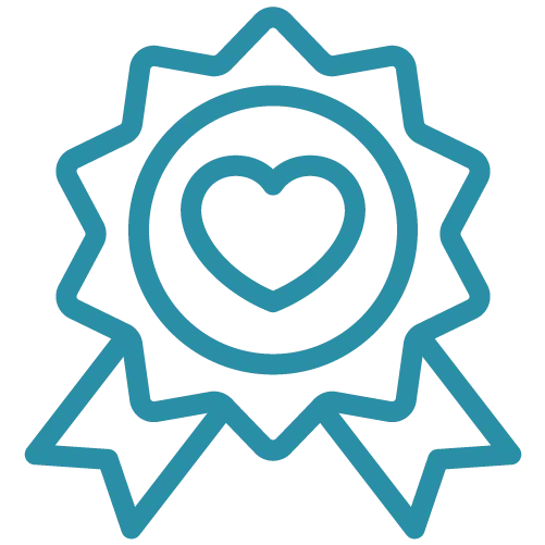 Blue award ribbon with a heart symbol in the center.