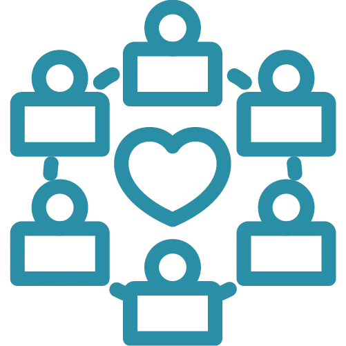 Icon of six people icons arranged in a circle surrounding a heart symbol.