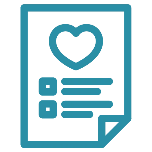 Checklist paper icon with a heart symbol and two checkbox lines in blue.