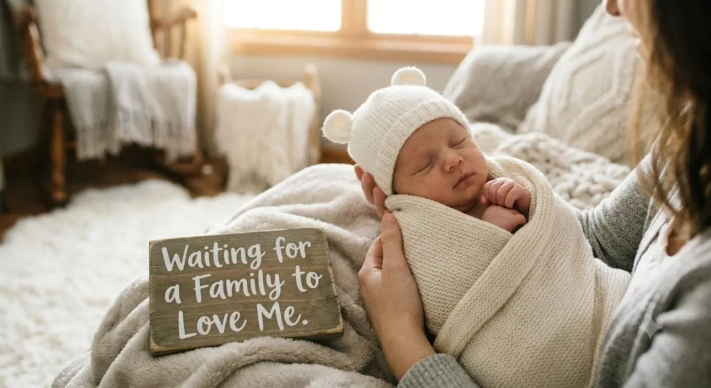 Newborn baby wrapped in a blanket with a hat, held by a woman next to a sign that reads Family to Love Me.