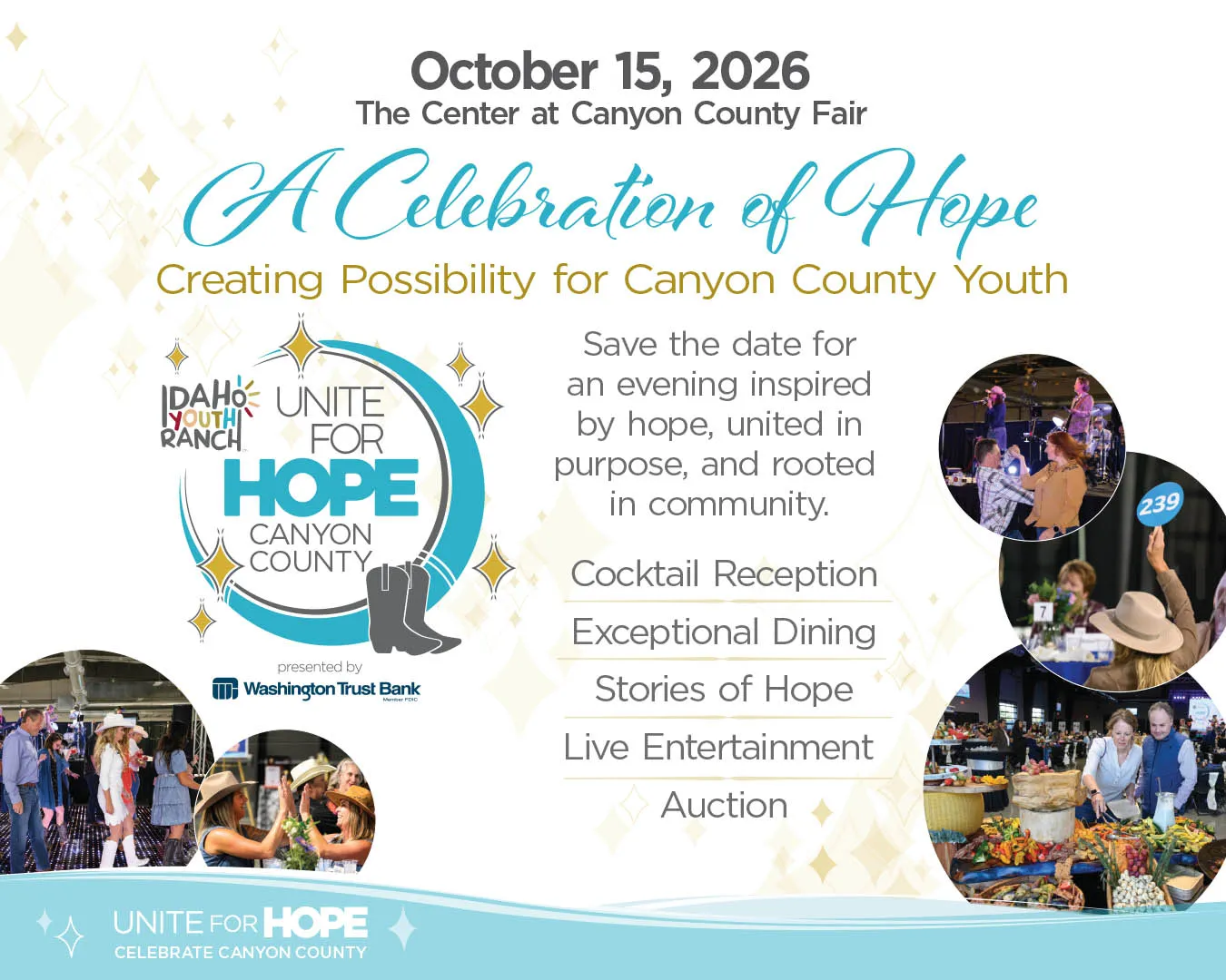 Event flyer for October 15, 2026, Unite for Hope with dining, entertainment, auction, and community activities.