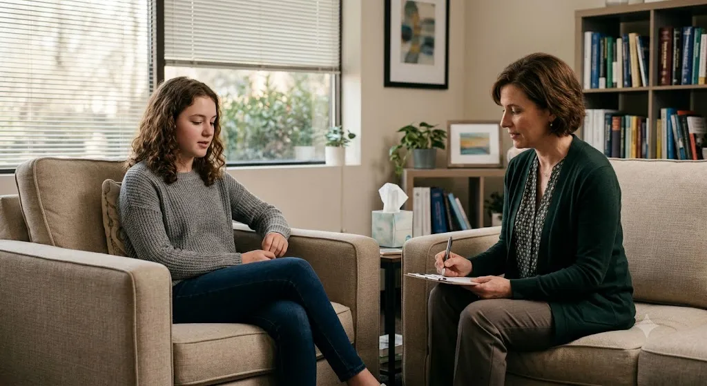 Teen girl in gray sweater talking to female therapist taking notes in a comfortable office setting.