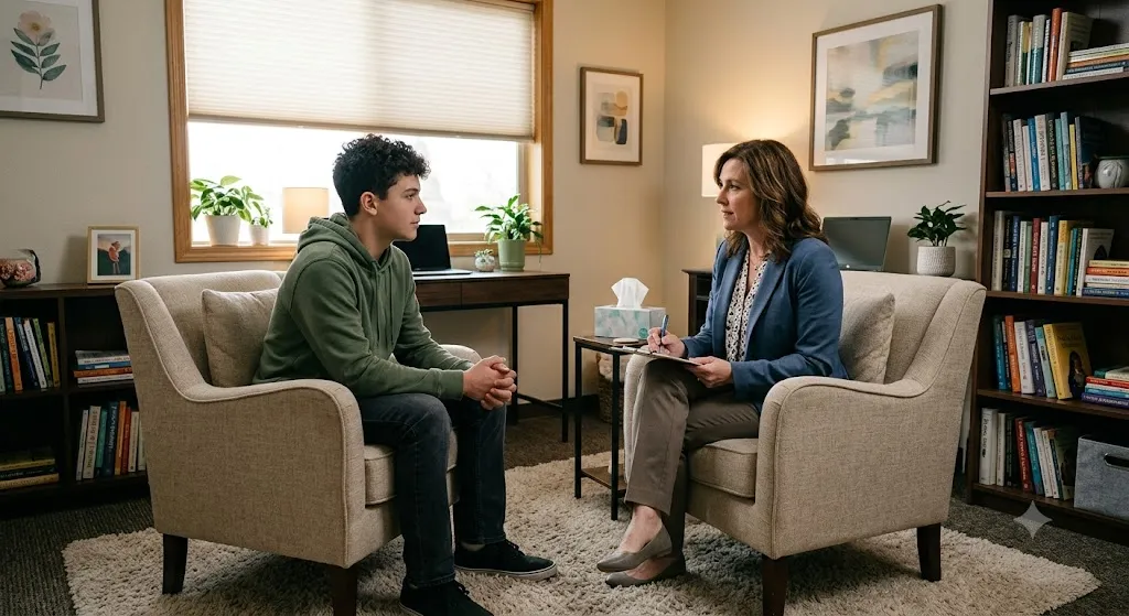 Teen boy in green hoodie talks with female therapist in cozy office with books and plants.