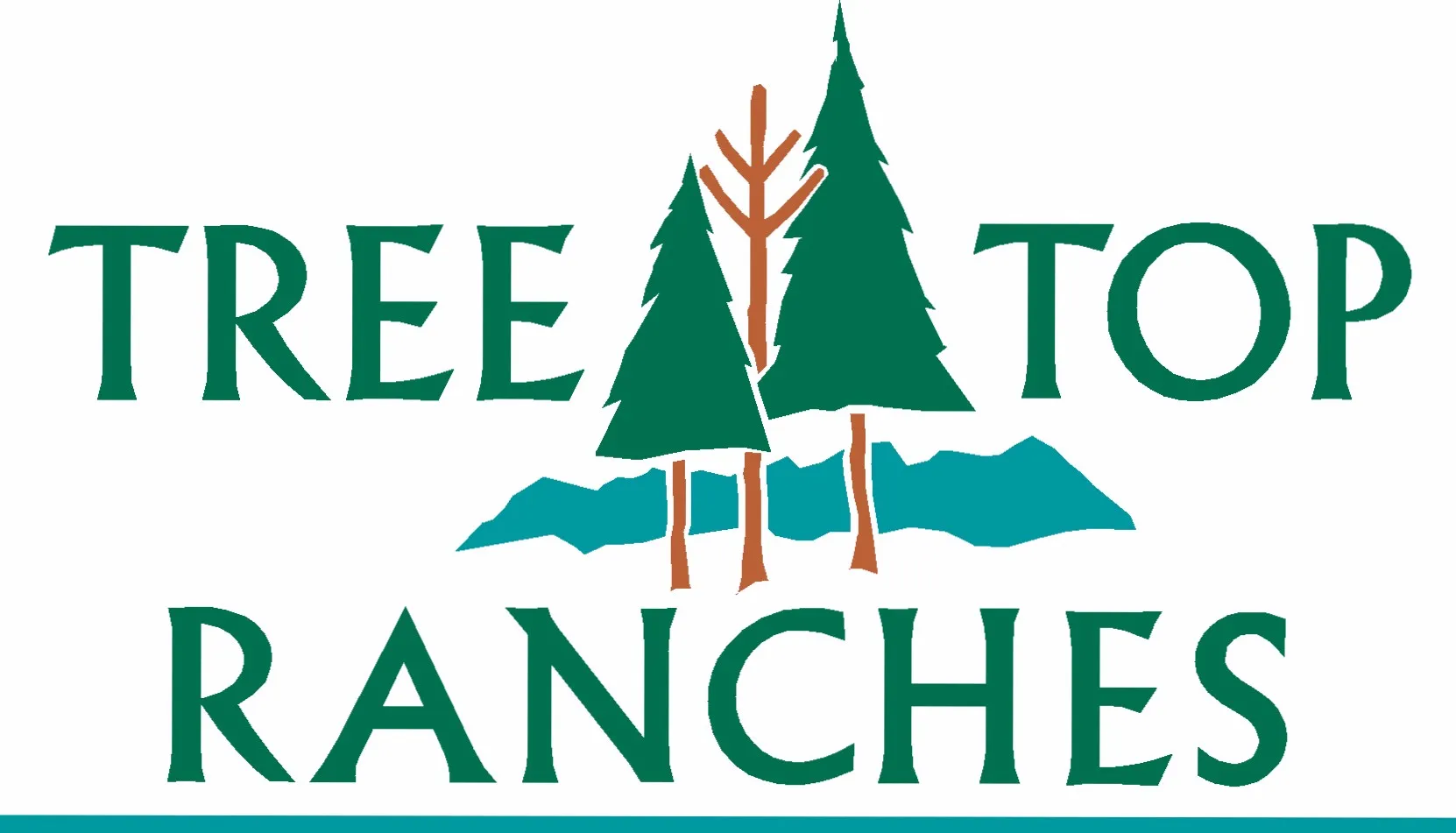 Logo with green pine trees and blue mountains between the words Tree Top Ranches.