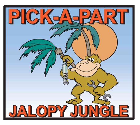 Cartoon monkey holding car parts under palm tree with sun and text Pick-A-Part Jalopy Jungle.