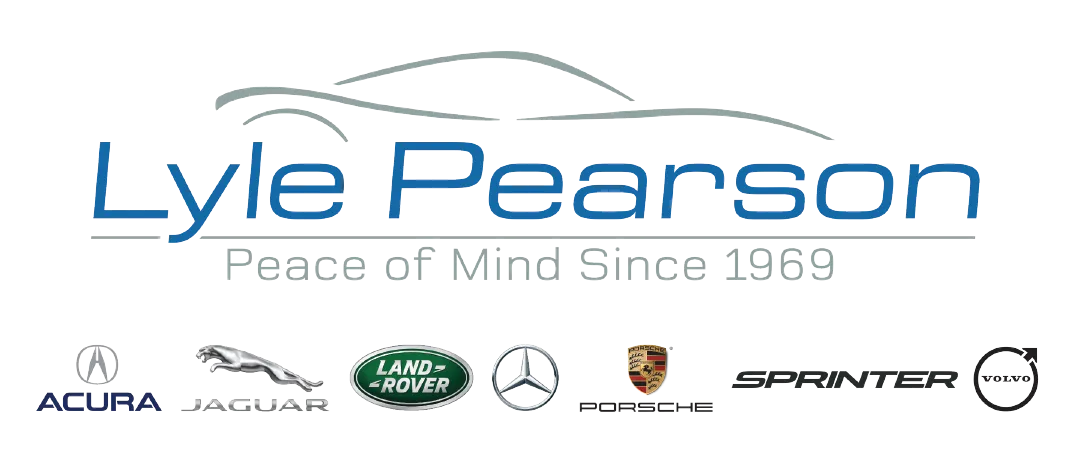 Lyle Pearson logo with car outline and tagline Peace of Mind Since 1969, plus luxury car brand logos below.