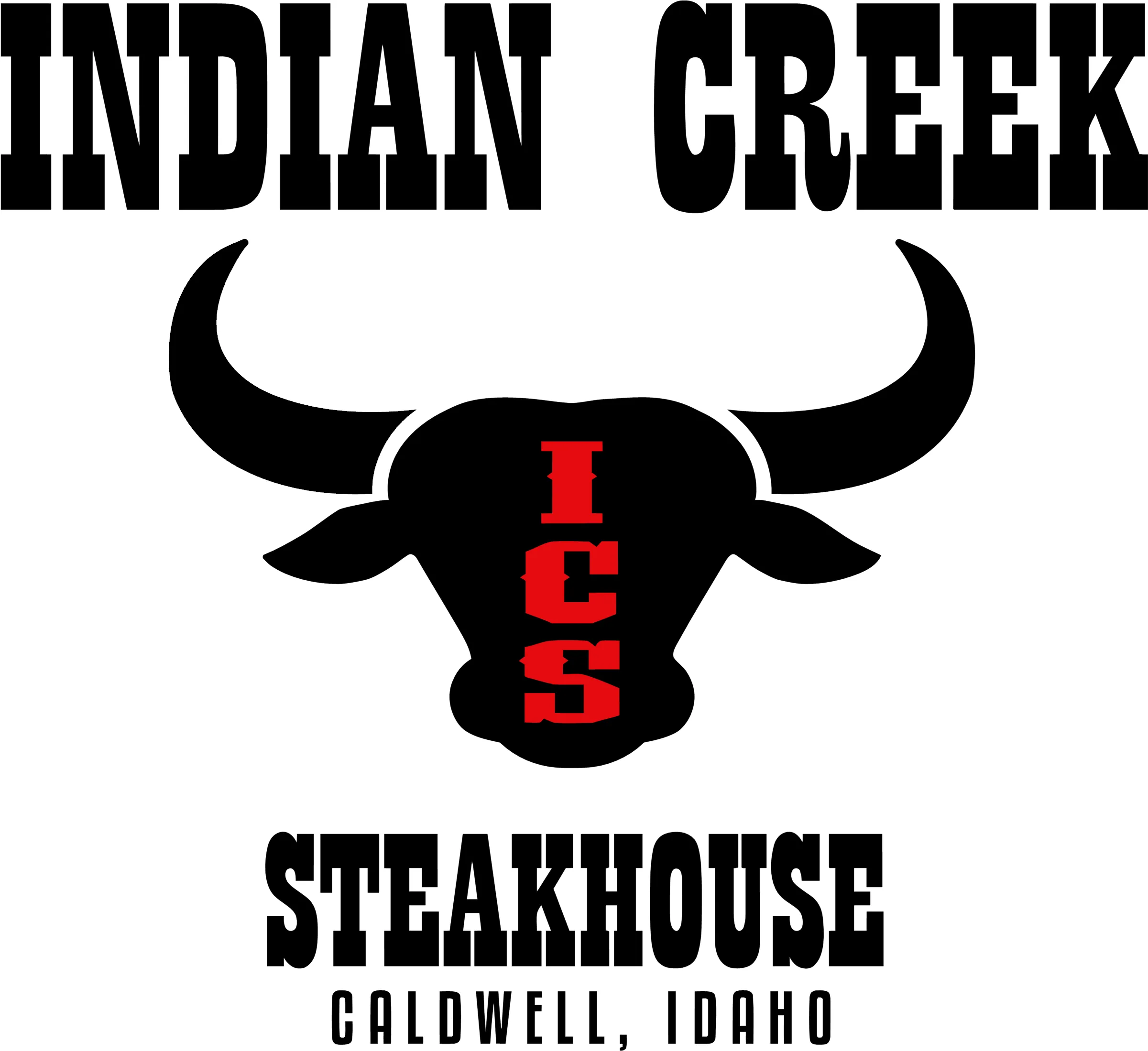 Logo of Indian Creek Steakhouse with a bull's head and the letters ICS in red, Caldwell, Idaho.