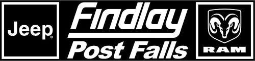 Logos of Jeep and RAM with text Findlay Post Falls on black background.