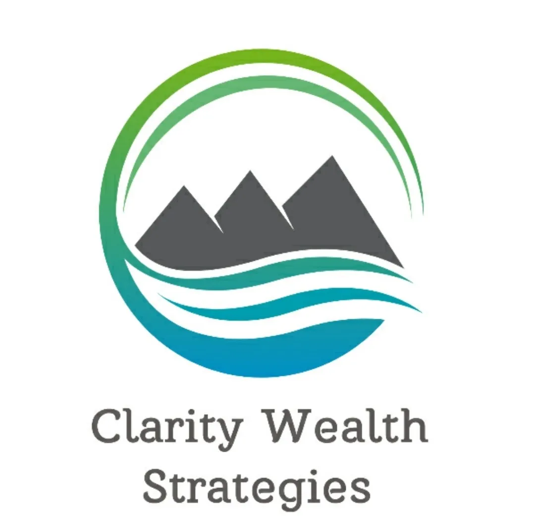 Logo with three gray mountains above blue and green waves forming a circle and text Clarity Wealth Strategies.