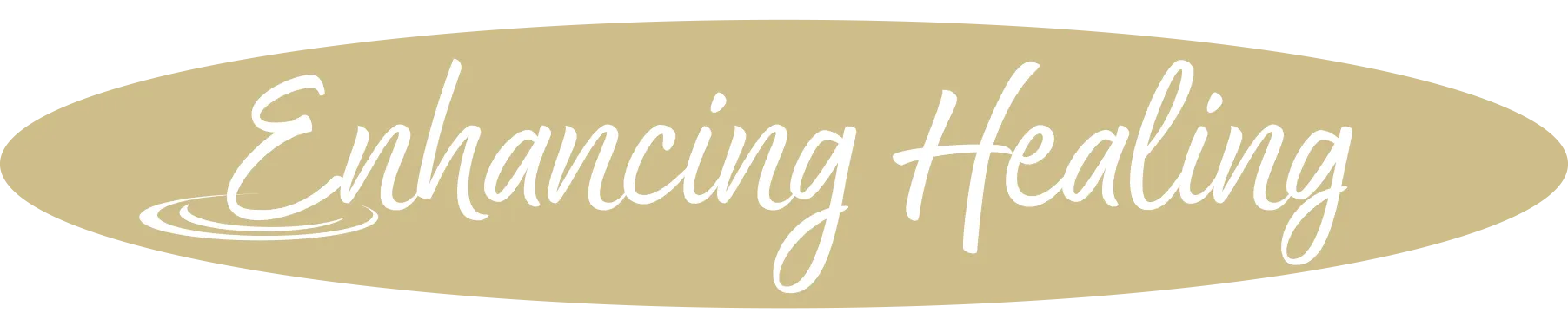 Text reading Enhancing Healing in white script on a beige oval background with ripple design.