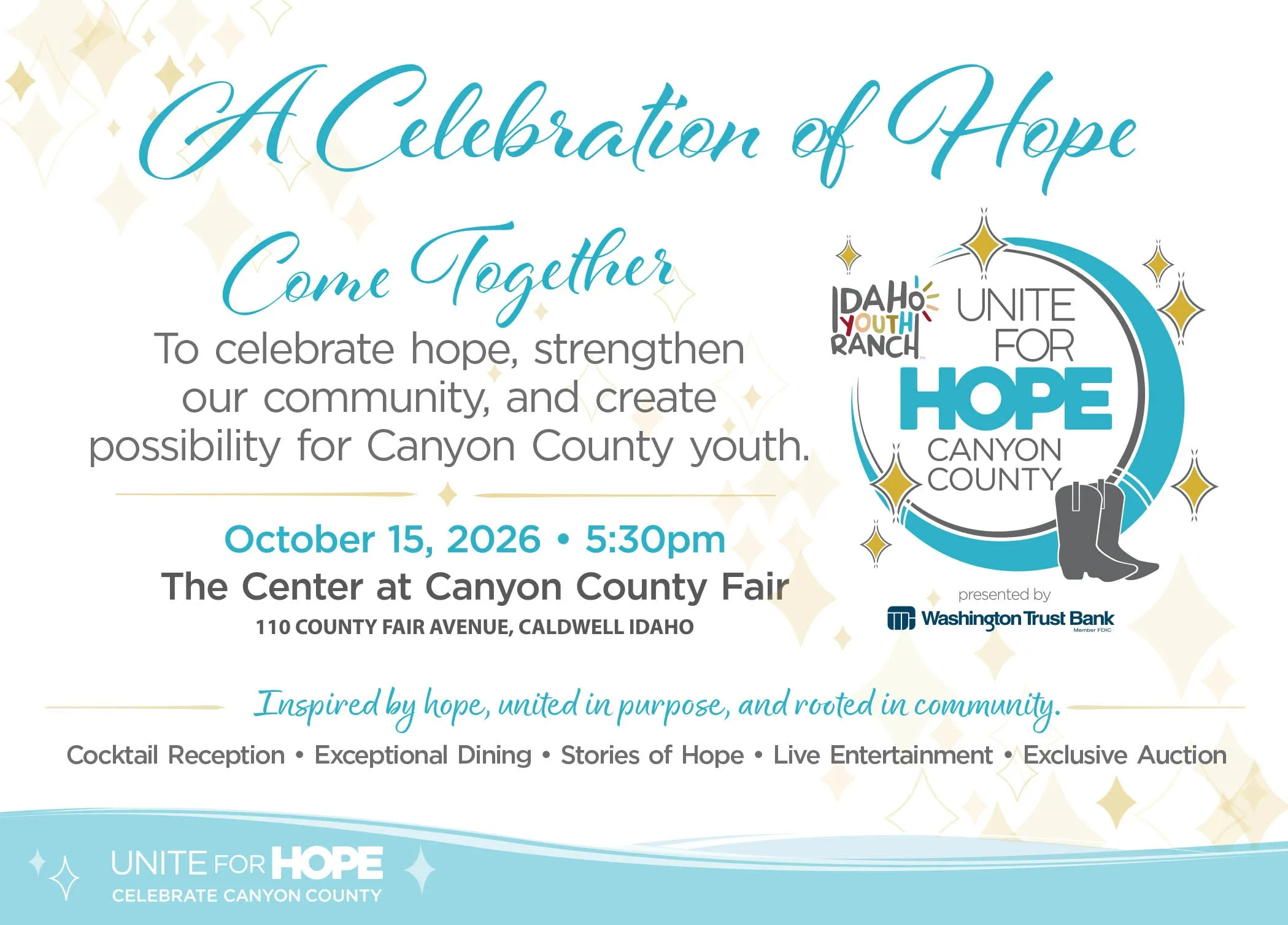 Event poster for A Celebration of Hope on Oct 15, 2026, 5:30pm at Canyon County Fair in Caldwell, Idaho.