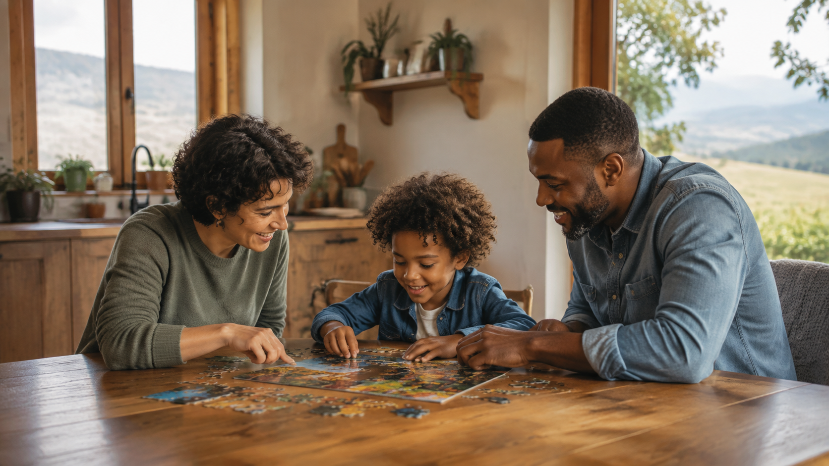 Two parents and their child work on a puzzle together at the kitchen table, part of post-placement adoption support.