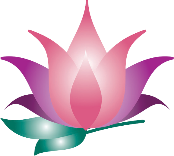 Stylized pink and purple lotus flower with green leaves on a soft blue and purple background.