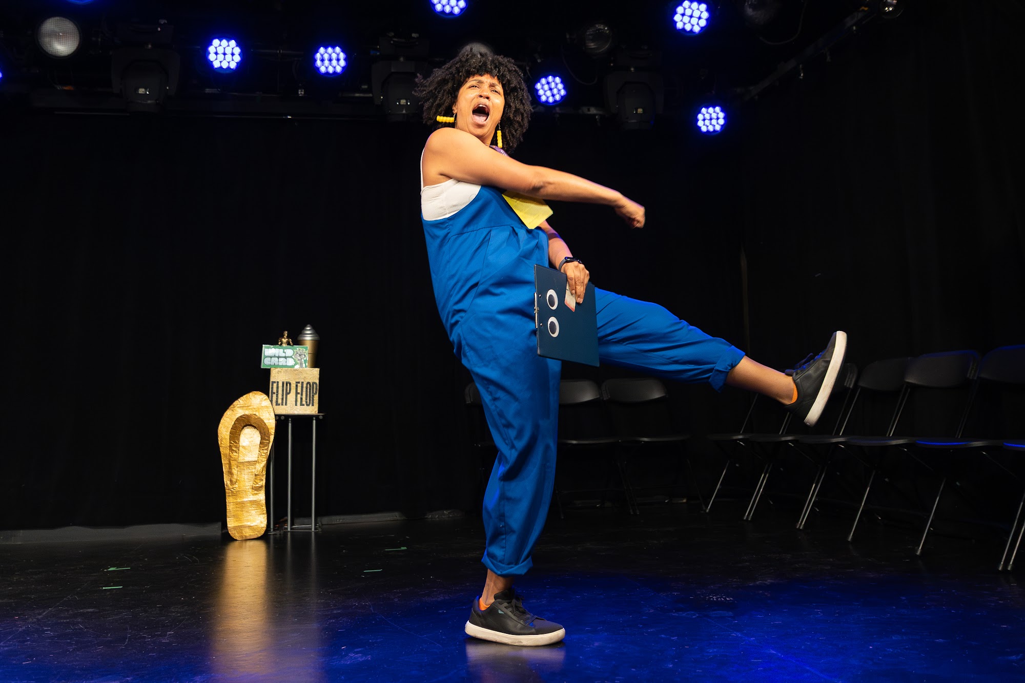 Three improvisers on stage in Flip Flop at Petit Campus, Montréal Fringe 2026.