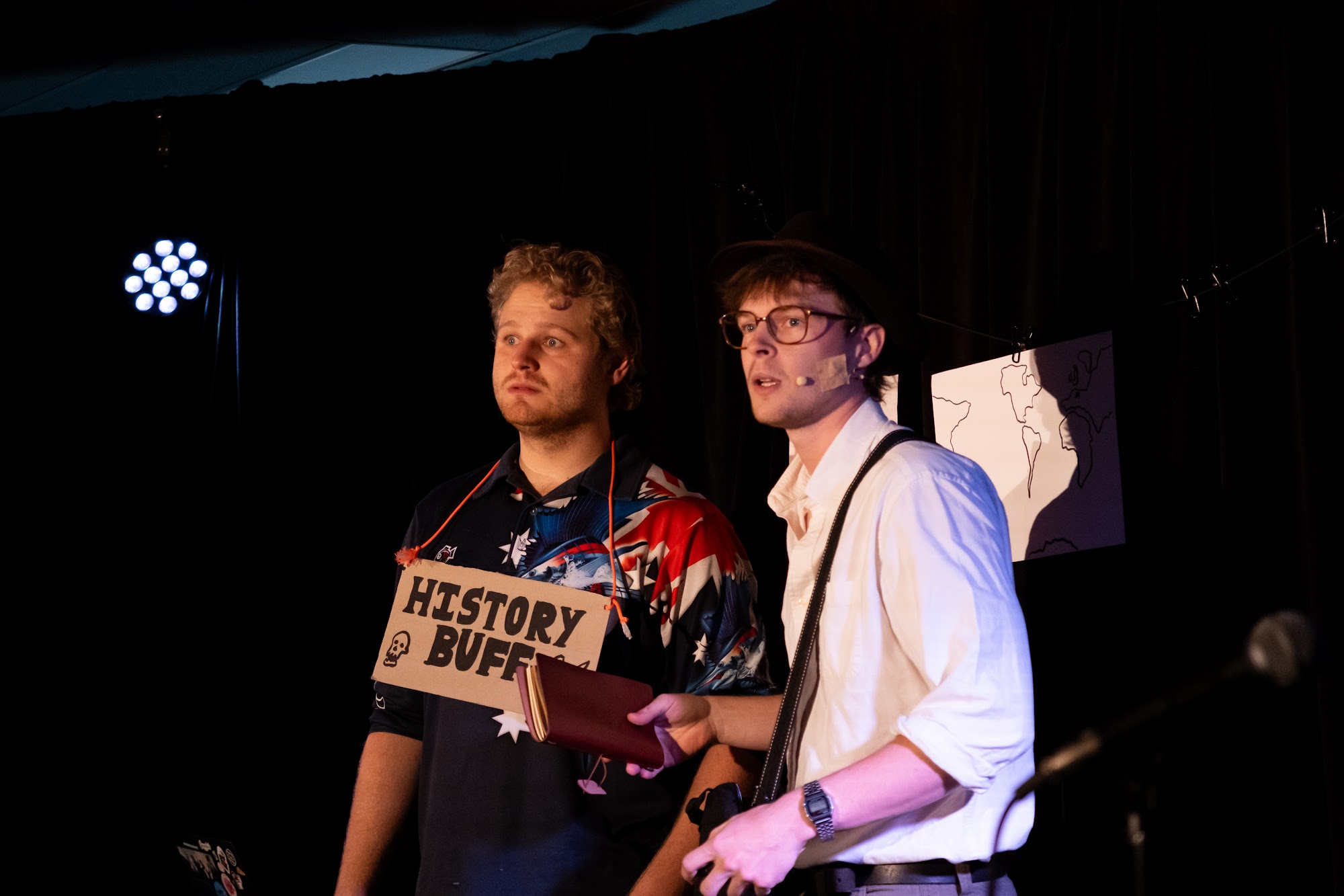 An audience participant reacts during Arizona Myers and the Ominous Hand! at the Factory Theatre, Sydney Fringe 2026.