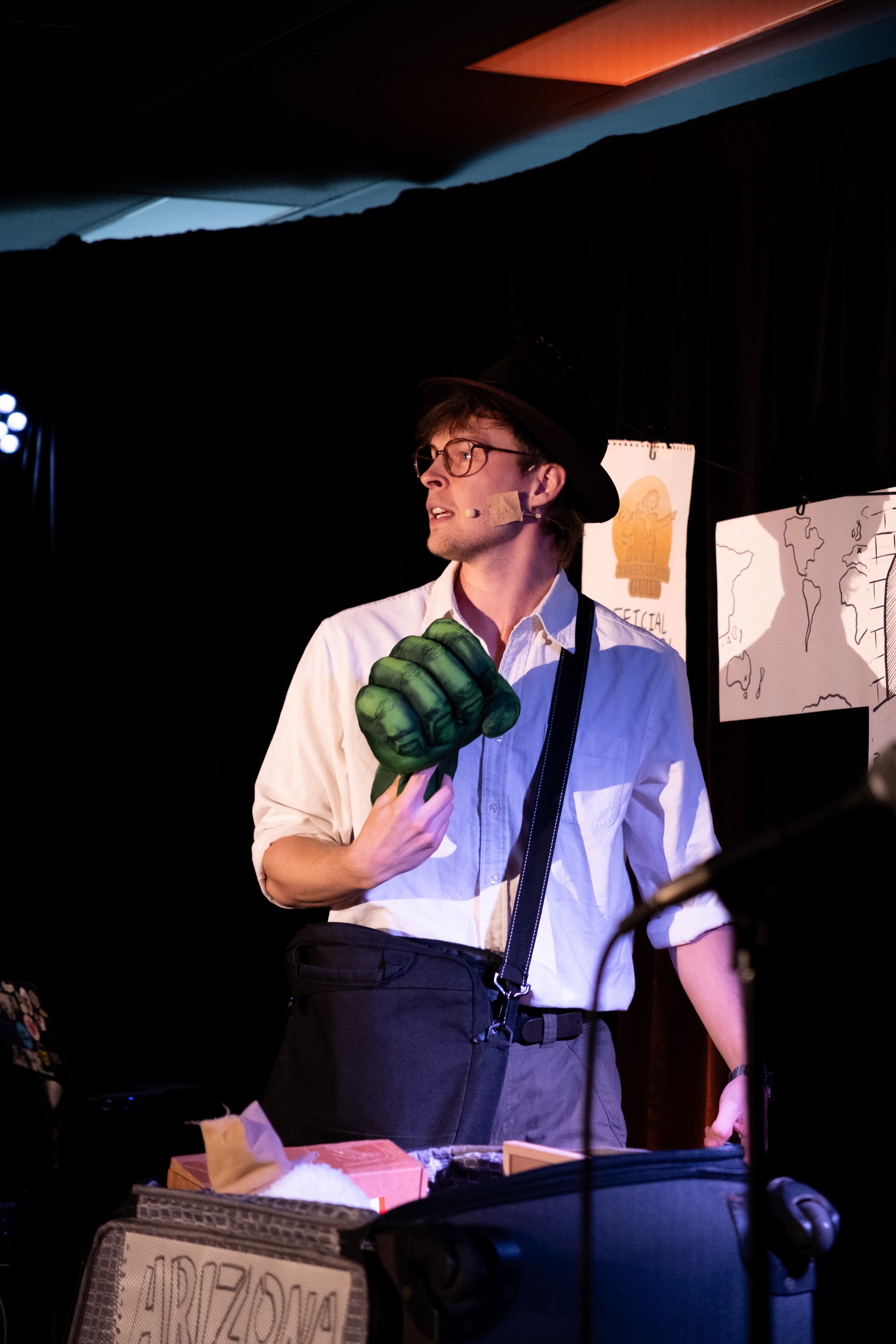 Yarno Rohling as Arizona Myers holds The Hand of Druon prop in Arizona Myers and the Ominous Hand! at the Factory Theatre, Sydney Fringe 2026.