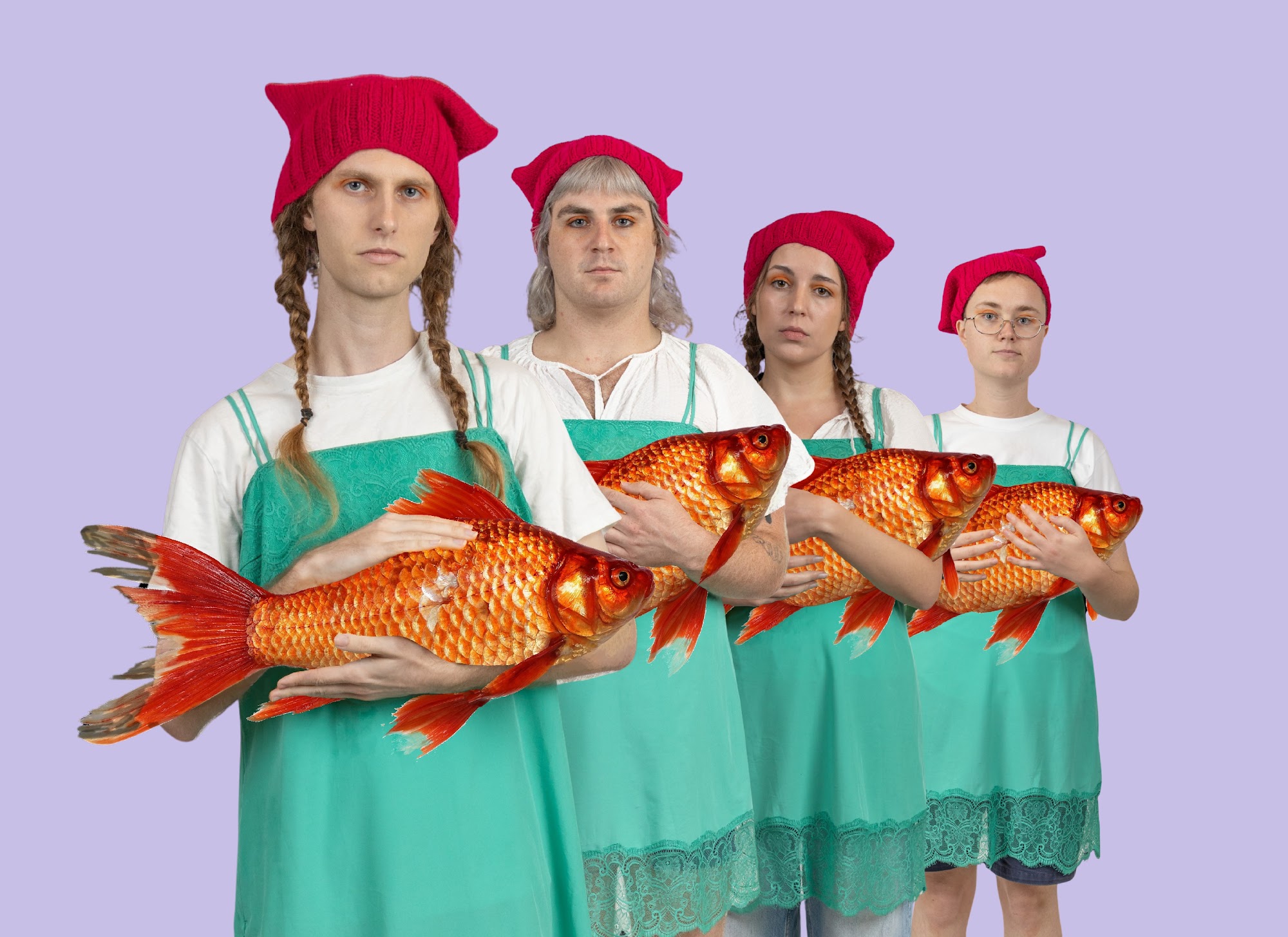 The ensemble as the protagonist 'Marina' holding her pet fish 'Snowball' in Get (your fish) Living or Die Trying (to save your fish) at Inner West Pride Centre – Pride Hall, Sydney Fringe 2026.