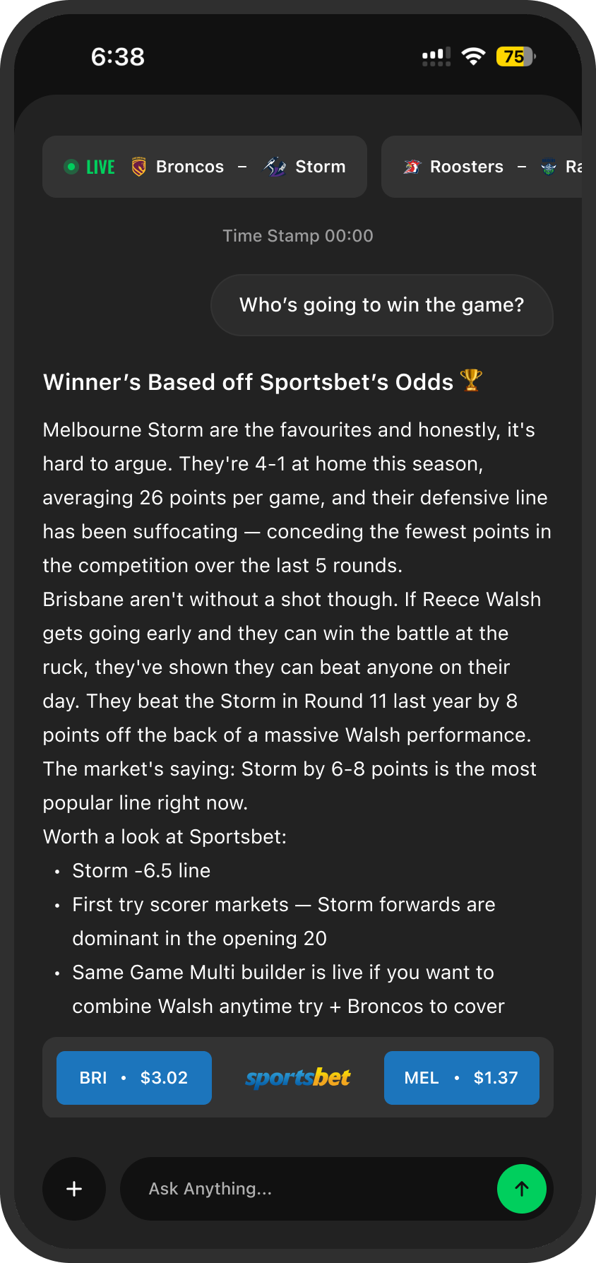 Chat screen discussing sportsbet odds favoring Melbourne Storm over Broncos, with details on team performance and betting lines.